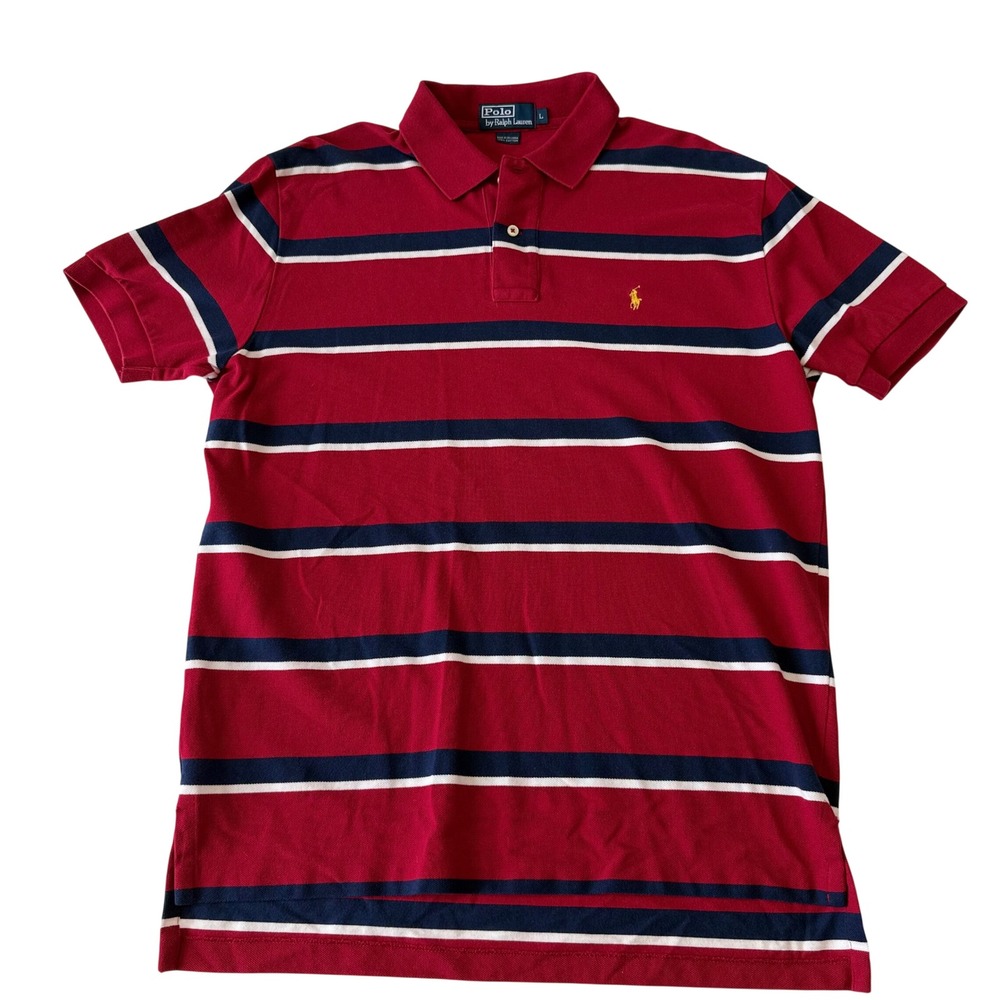 Polo Ralph Lauren Men L Red Navy Striped Cotton Pique Polo Preppy PonyPique